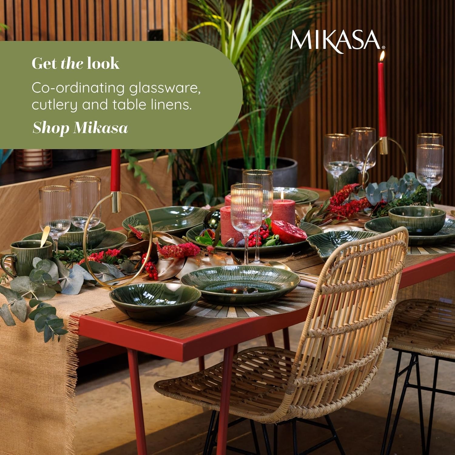 Mikasa Jardin Service de table 12 pièces, service de table en grès pour 4 personnes avec assiettes, assiettes latérales et bols, vert – Coffret cadeau et passe au lave-vaisselle