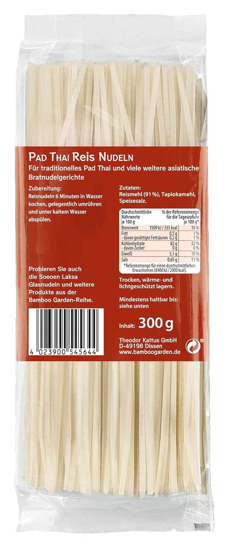 Bamboo Garden - Bâtonnets de nouilles de riz Pad Thai, pour les plats de nouilles traditionnels comme le Pad-Thai, végétalien, 1 x 300 g (la conception de l'emballage peut varier)
