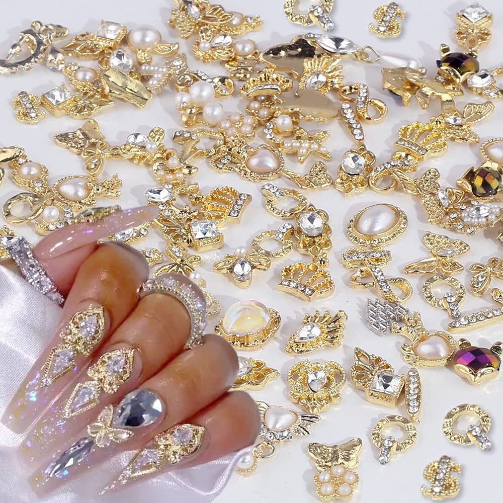 50 pièces de breloques à ongles dorées, mélange de styles, pierres scintillantes, perles, jambes, pierre de naissance, fleurs, strass, perles, bijoux, bijoux, décoration d'ongles DIY pour femmes