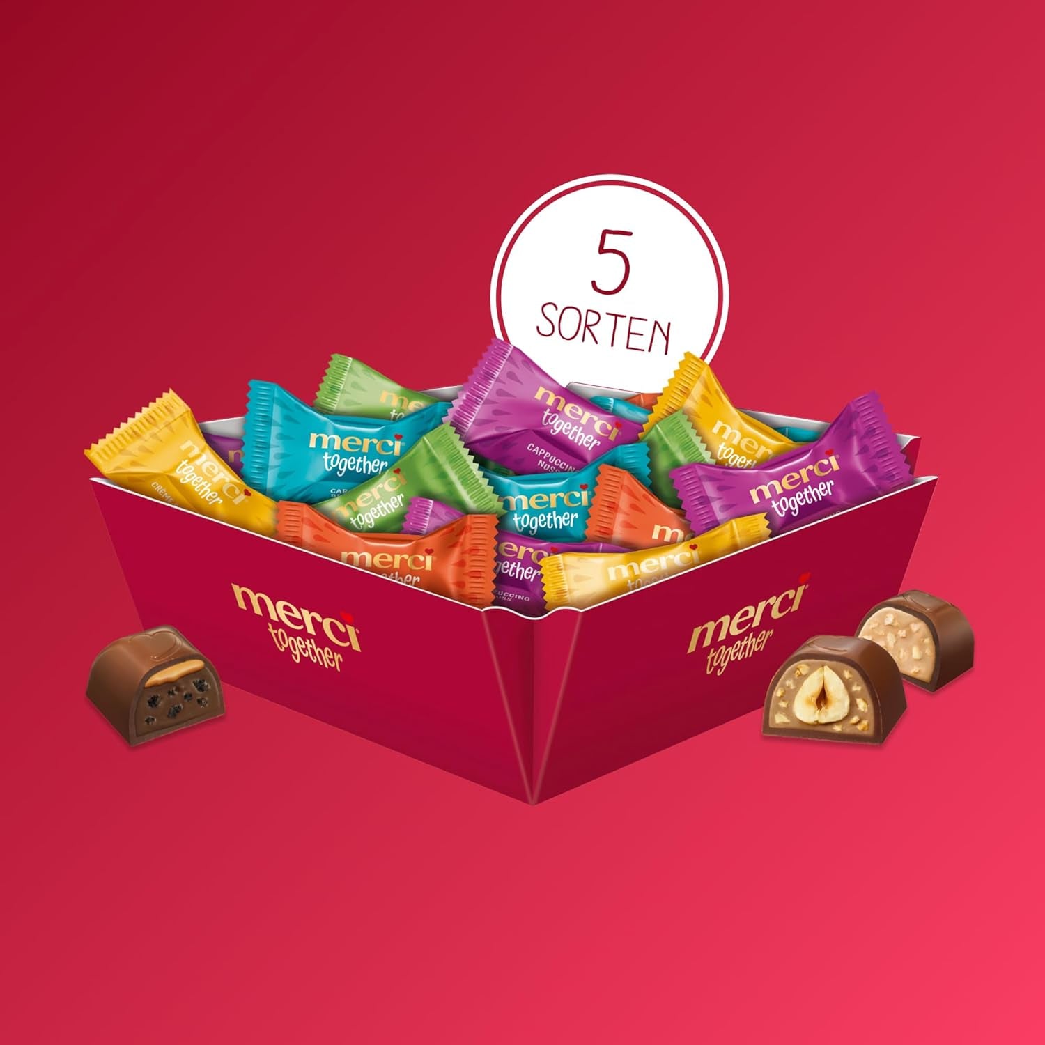 Merci Together - 1 x 175g - Chocolats fourrés en cinq variétés au chocolat au lait fin - Pralines au chocolat à partager et à offrir