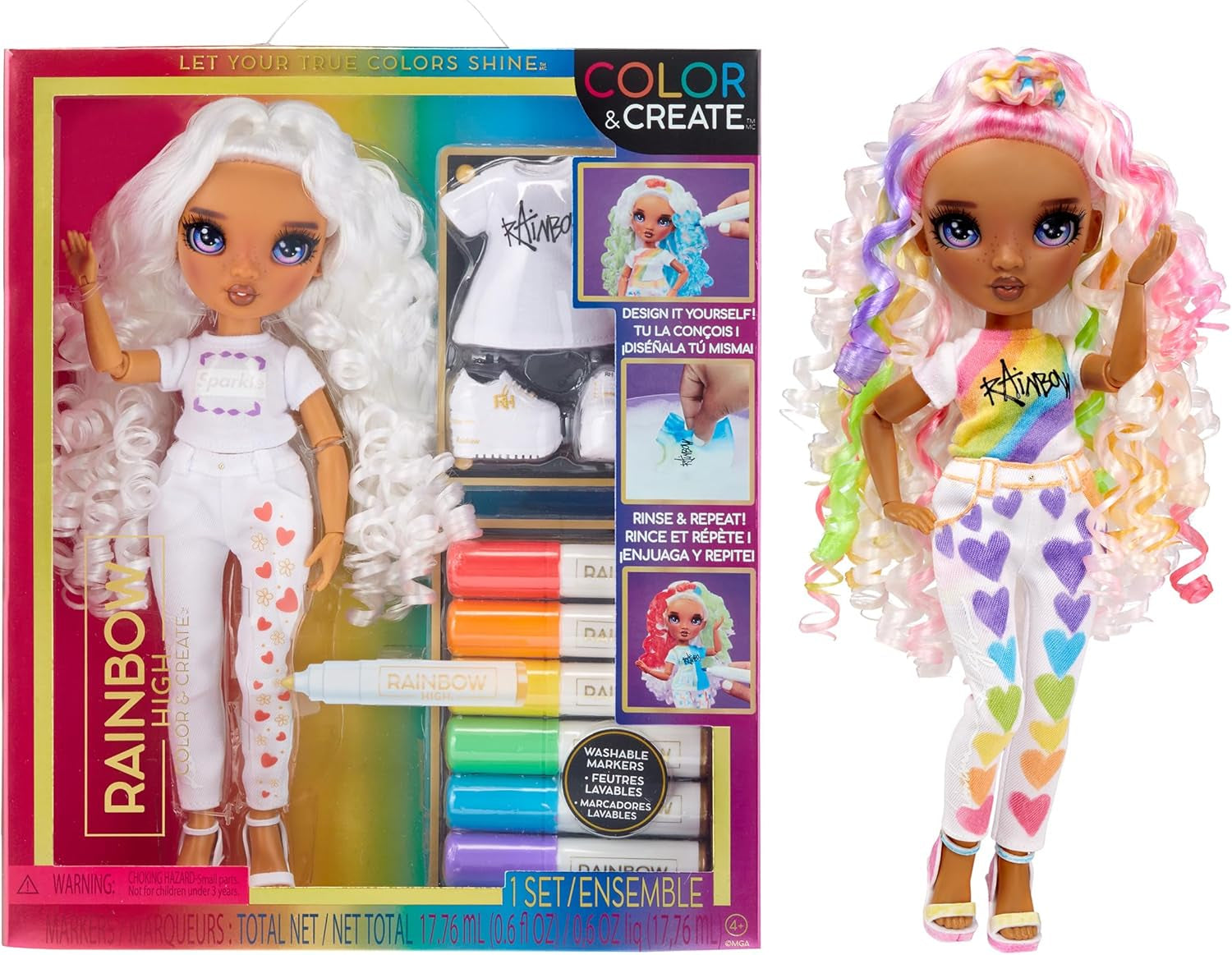 Rainbow High Color & Create DIY Modepuppe - Grüne Augen, Zöpfe, extra Top & Schuhe, abwaschbare Regenbogenstifte - Ausmalen, Gestalten, Spielen, Auswaschen - für Kinder von 4-12 Jahren und Sammler