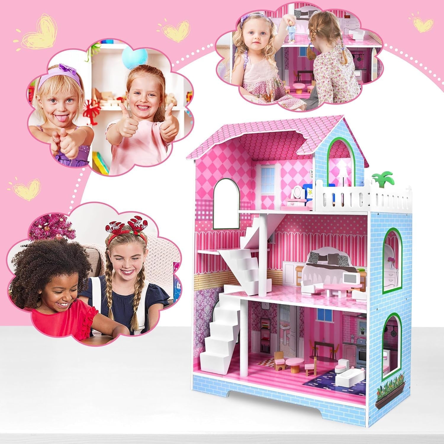 HENGMEI Puppenhaus Kinder Holz Puppenvilla Dollhouse Set Mädchen Spielset 3 Etagen House mit Möbeln und Zubehör, 70x30x100cm Puppenhäuser für Kinder (Typ B)