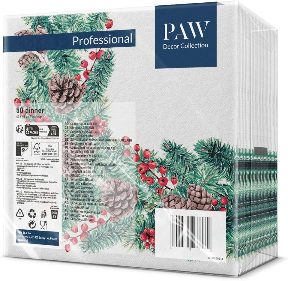 PAW - Serviettes Airlaid (40 x 40 cm) I 50 pièces I Parfaites pour Noël, l'hiver, les vacances I Décorations de table pour le réveillon de Noël I Serviettes en tissu Airlaid Branches d'hiver I Branches d'hiver
