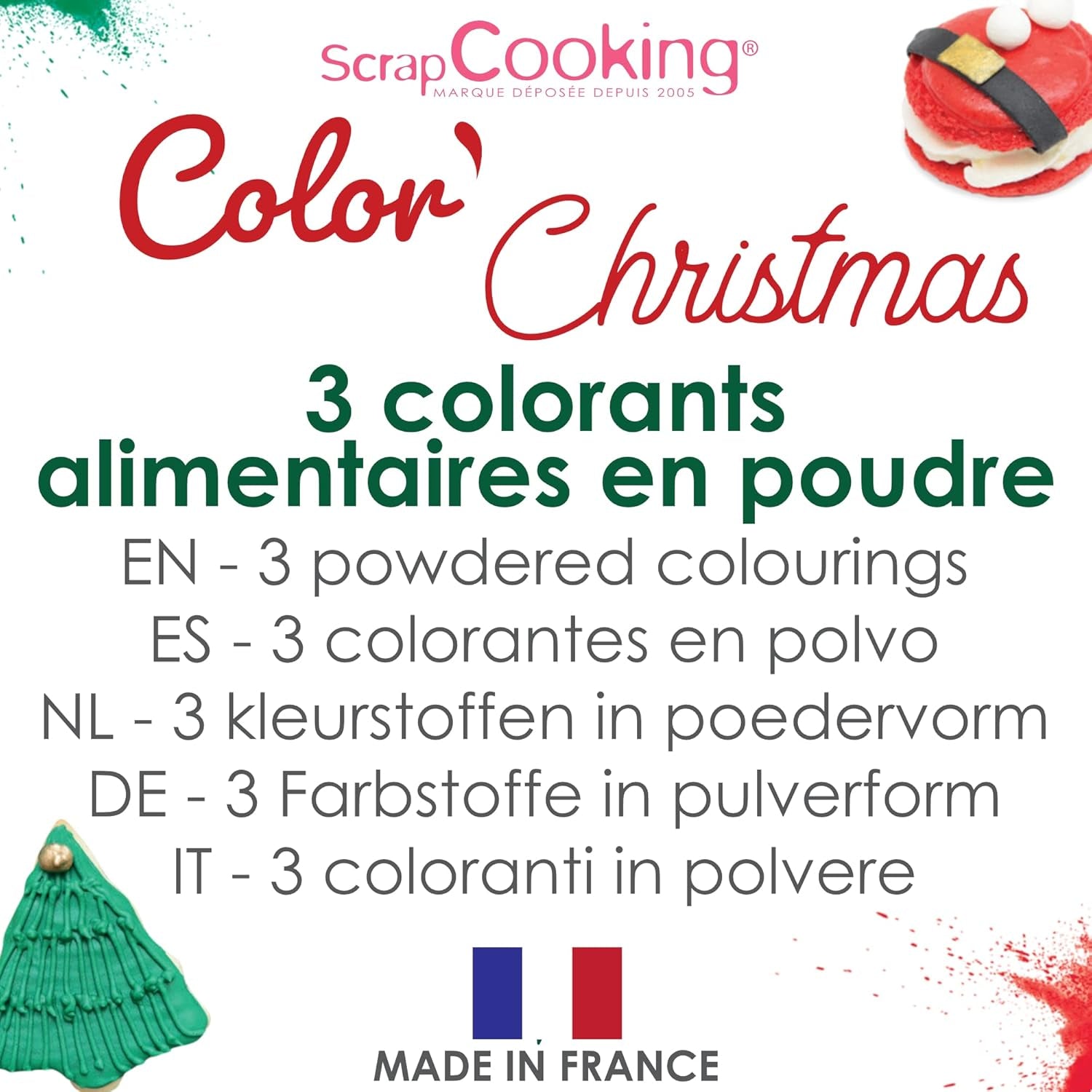 Scrapcooking - Set de 3 coloranți alimentari pudră de Crăciun - Roșu, Verde, Auriu - Colorant alimentar comestibil pentru copt, prăjituri, fursecuri, produse de patiserie, aluat, fondant - Decorațiuni de Crăciun - 4018