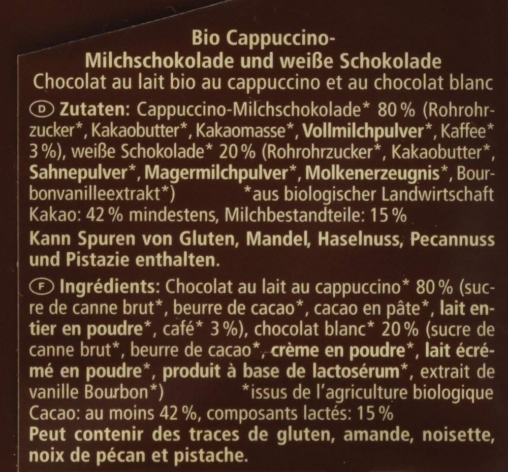 Chocolat bio fourré au cappuccino, 100g