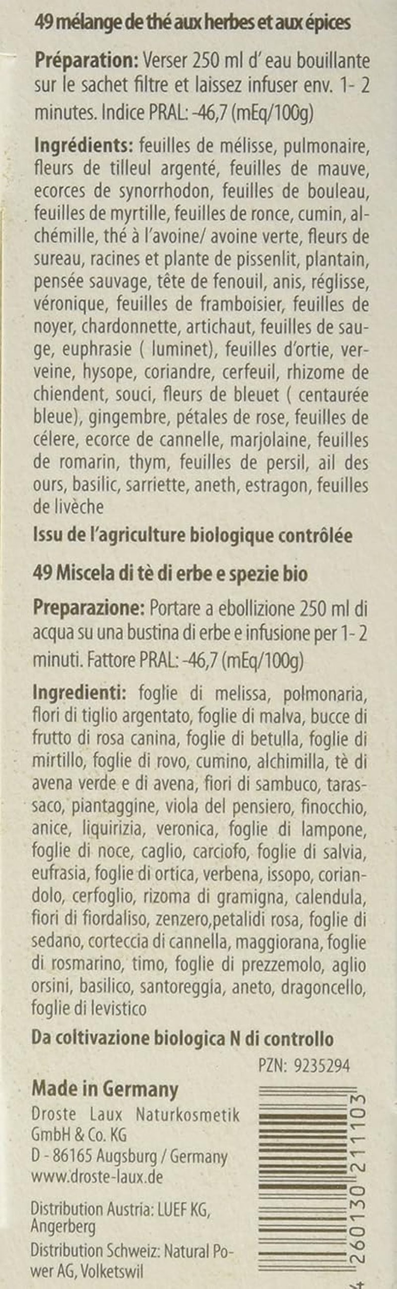 Droste-Laux Thé de base aux 49 herbes, 25 pièces (tisane, sachets filtrants, thé à jeun ou diététique) 120501