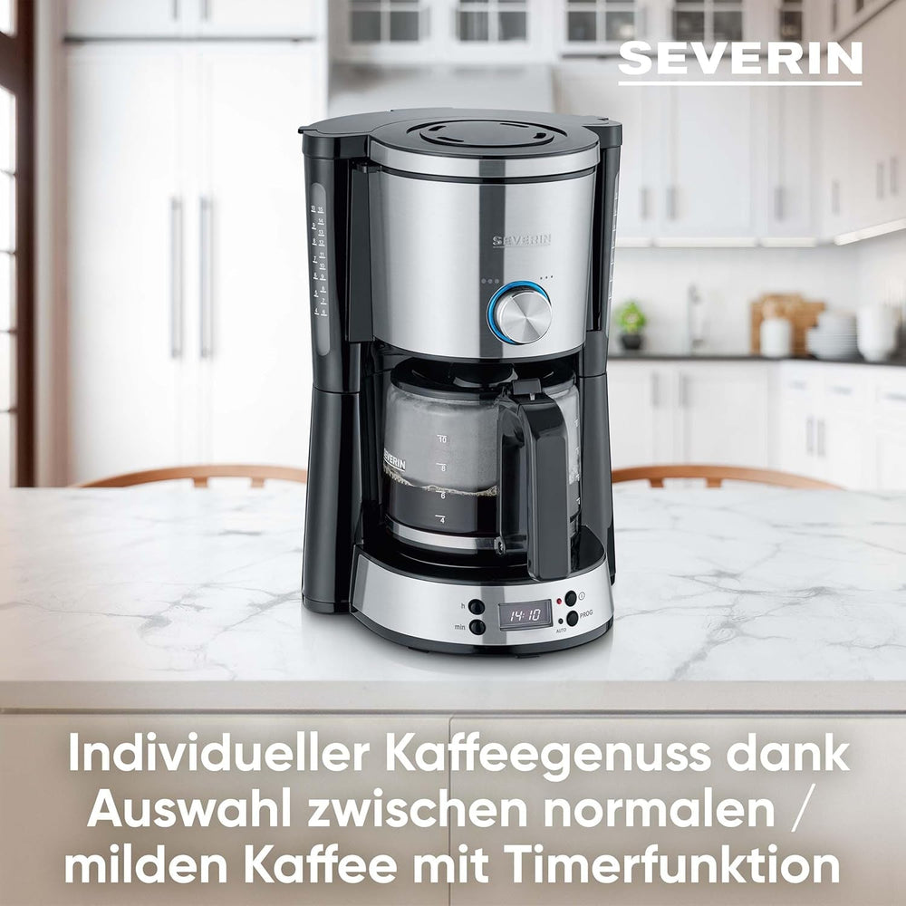 Machine à expresso SEVERIN "TypeSwitch" avec carafe en verre et minuterie, AromaSwitch pour choisir 2 options de préparation, horloge numérique avec fonction minuterie, pour jusqu'à 10 tasses, 1000W, acier inoxydable brossé-noir, KA 4826