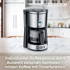 Machine à expresso SEVERIN "TypeSwitch" avec carafe en verre et minuterie, AromaSwitch pour choisir 2 options de préparation, horloge numérique avec fonction minuterie, pour jusqu'à 10 tasses, 1000W, acier inoxydable brossé-noir, KA 4826