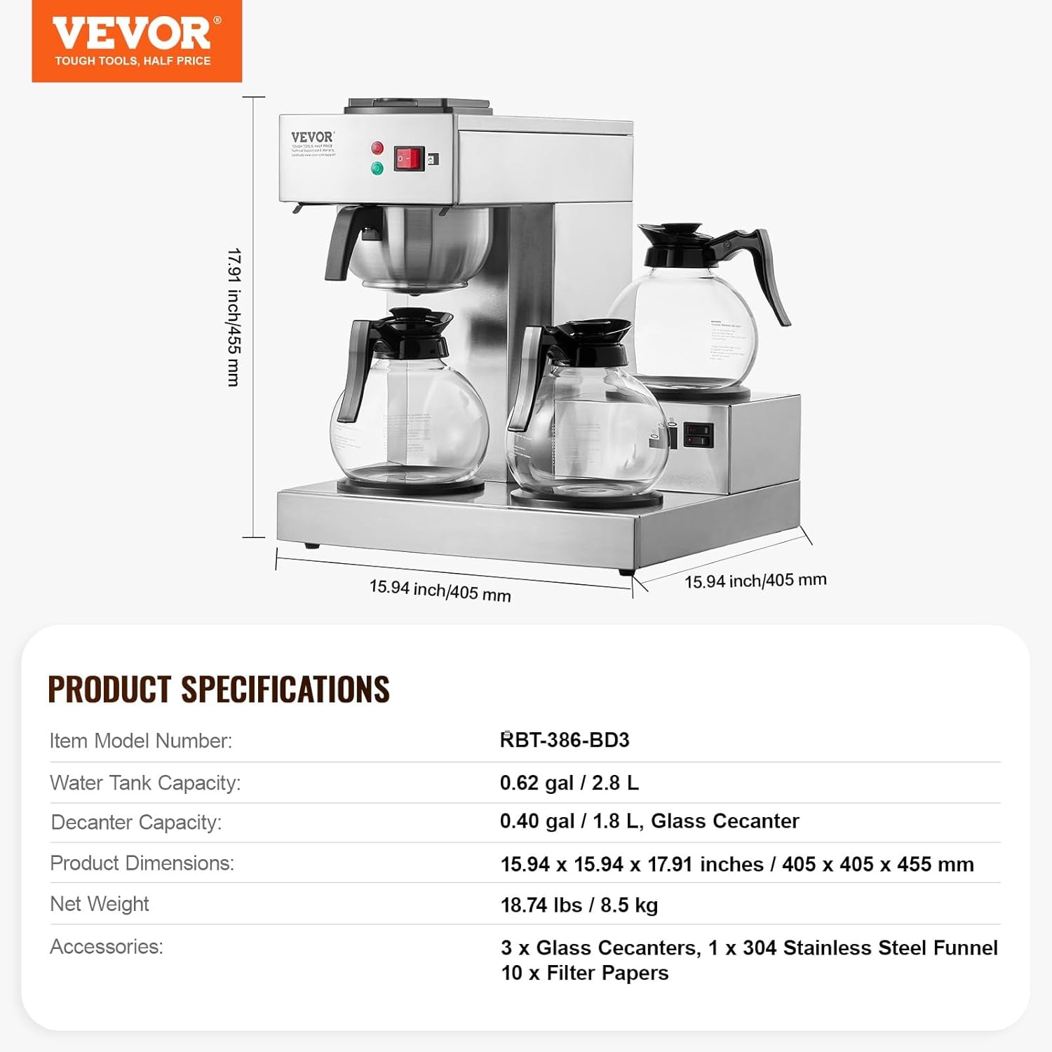 VEVOR Machine à expresso à filtre commerciale de 12 tasses avec 3 carafes en verre et 3 plaques chauffantes Machine à expresso en acier inoxydable avec alimentation en eau automatique pour restaurant, bureau, café