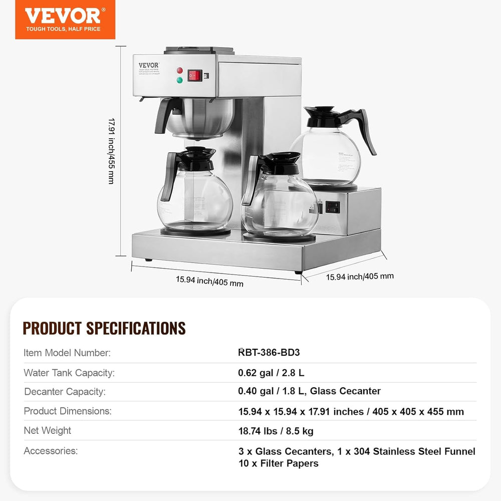 VEVOR Machine à expresso à filtre commerciale de 12 tasses avec 3 carafes en verre et 3 plaques chauffantes Machine à expresso en acier inoxydable avec alimentation en eau automatique pour restaurant, bureau, café