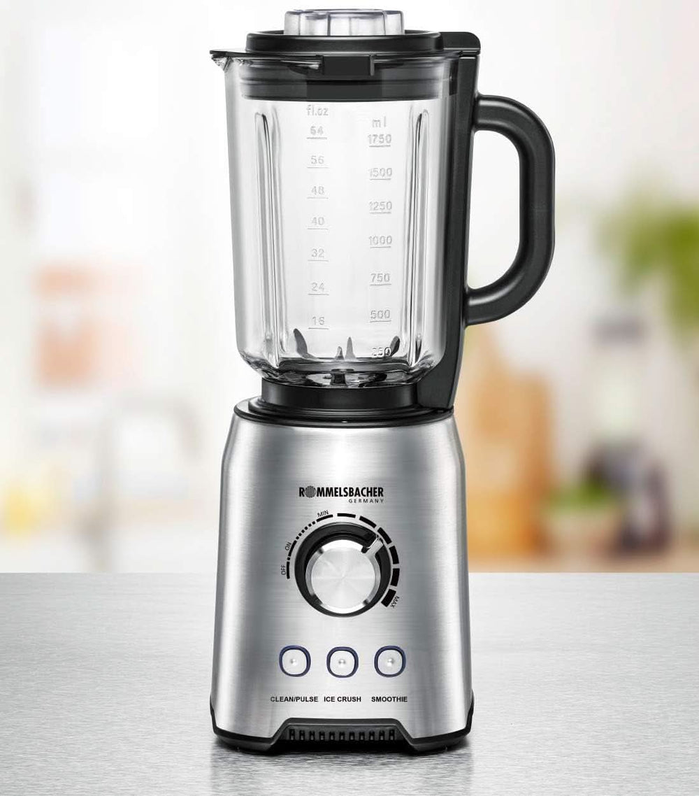 ROMMELSBACHER Batteur sur socle MX 1250-22 000 U/Min, Stufenlose Drehzahlregulierung, Funktionsstasten (Smoothie, Clean/Pulse, Ice Crush), Glaskrug, Edelstahlgehäuse, Spezialmesser, 1200 Watt Kitchen Naty Shop