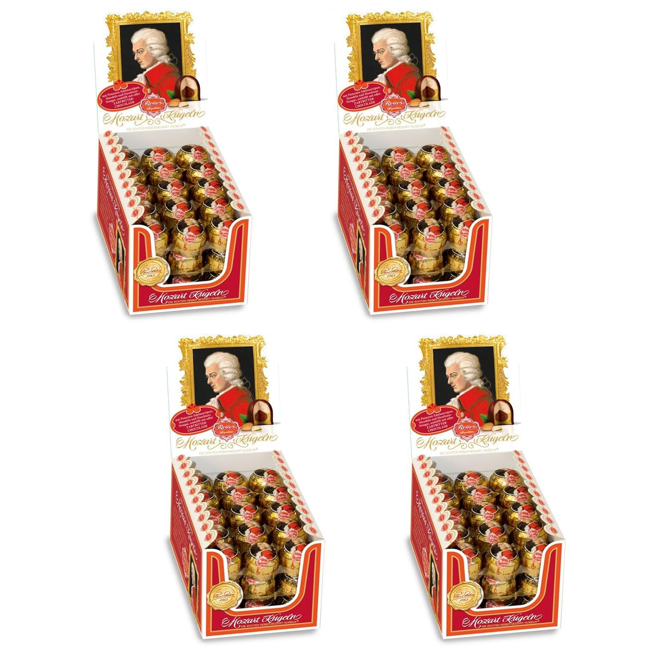 Boules Reber Mozart, coffret de présentation 4x45, boules de chocolat noir fourrées à la pistache, pâte d'amande, nougat aux amandes et noisettes, 3,6 kg (180 pièces)