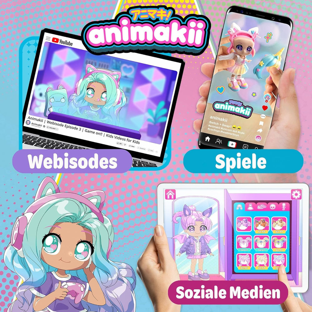 BANDAI - Animakii Einhorn und Fledermaus - Set Personalisierbare Puppen - 1 Puppe, 4 Gesichter, 2 Frisuren, 2 Outfits, 2 Paar Schuhe - Kreatives Spielzeug ab 5 Jahren - HEA26348
