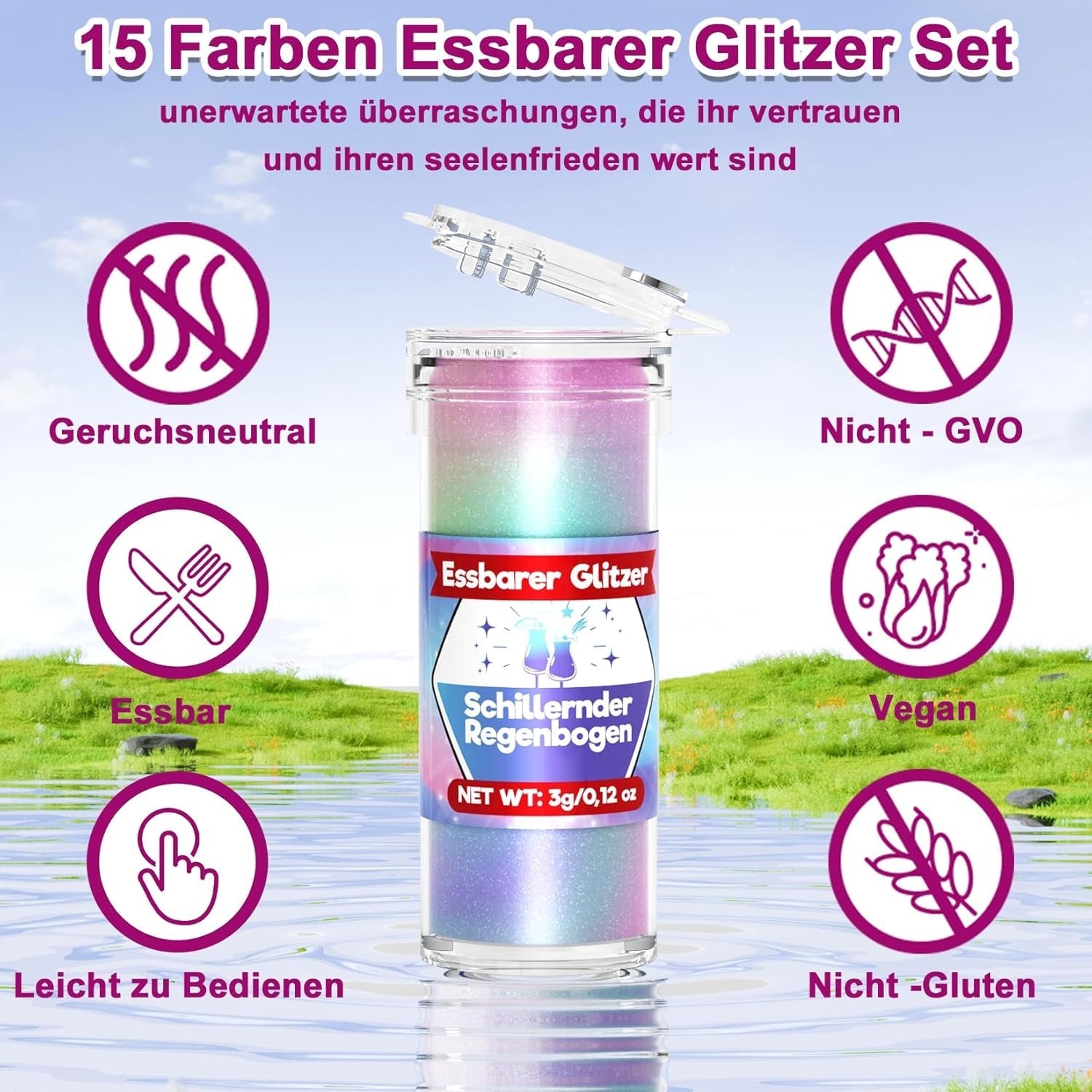 Paillettes comestibles pour boissons et gâteaux – 15 couleurs en poudre colorante alimentaire (3 g/couleur) | Paillettes comestibles sans changement de saveur | Idéal pour les cocktails, les gâteaux, les desserts et les décorations de pâtisserie