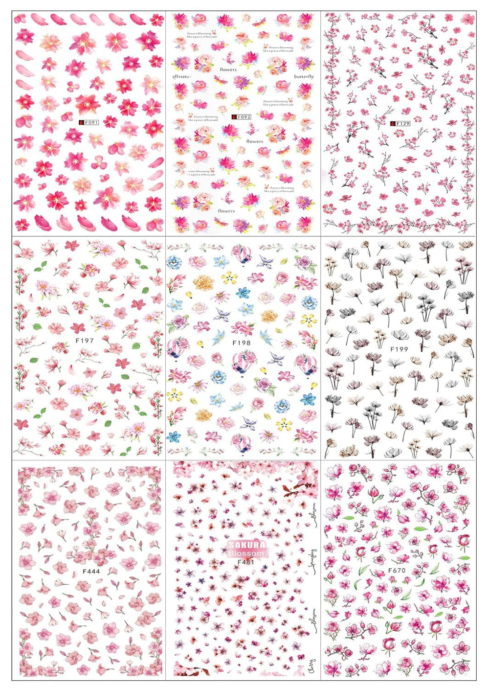 JMEOWIO Nagelsticker Frühling Blume 9 Blatt Nagelaufkleber Selbstklebend Rosa Blüte Nail Art Sticker Dekoration Nageldesign Zubehör