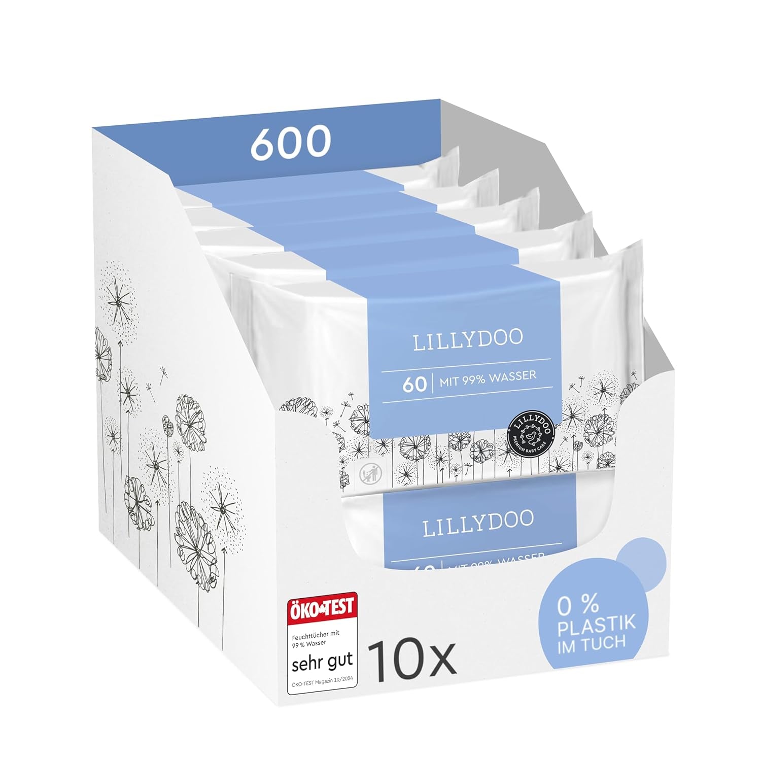 LILLYDOO Lingettes humides vertes, 600 unités (10 x 60), 100 % sans plastique, résistantes aux déchirures – Sans parfum, douces et naturelles, nettoyage doux pour les peaux sensibles, testées dermatologiquement