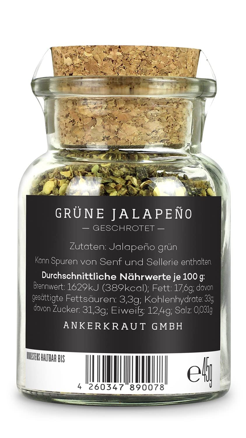 Ankerkraut Grüne Jalapeno, scharfe Chili, Chilis geschrotet, Finisher Scharf Würzen, Scharfes Essen Kochen, Highlight Chili con Carne, Fleisch, Kartoffeln, 45g dans Korkenglas