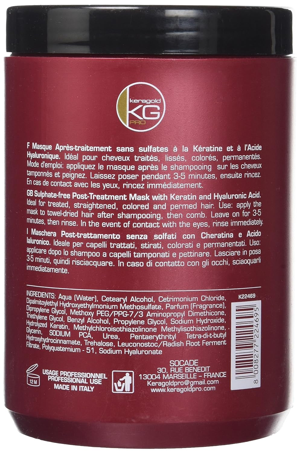 Masque sans sulfate DD, kératine/acide hyaluronique, masque capillaire 1 litre Naty Shop
