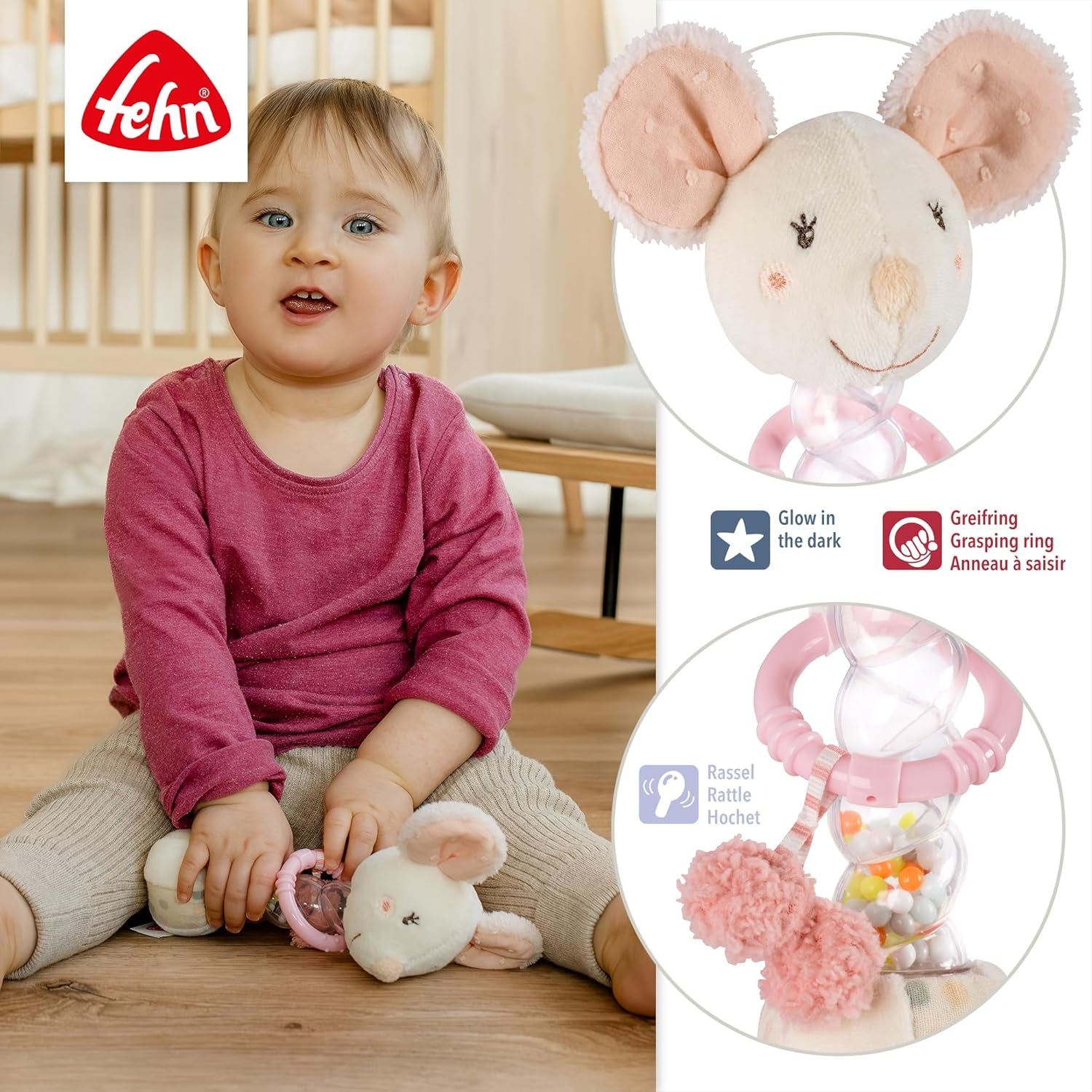 Fehn Rainmaker Mouse - jouet de motricité avec cloche pour saisir et faire des bruits - la clochette stimule les sens et la motricité de manière ludique - pour les bébés et les jeunes enfants à partir de 0 mois Baby Toys Naty Shop