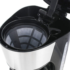 Emerio CME-122933, Cafetière filtre, 1,25 L pour jusqu'à 10 tasses de café frais, filtre amovible permanent, fonction anti-goutte, carafe en verre, arrêt automatique, 1000 watts, noir/argent