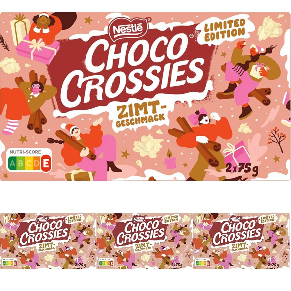 Scorțișoară Nestlé, fulgi ușori și crocanți și migdale crocante acoperite cu o glazură albă care se topește în gură și aromă de scorțișoară, pachet de 4 (2 x 75g fiecare)
