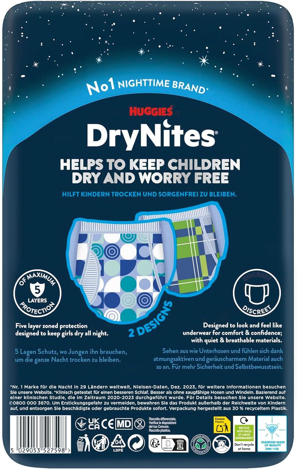 Couches de nuit super absorbantes Huggies Drynites, pour garçons 8-13 ans (30-48 kg), 9 pcs Mère et Enfant Naty Shop