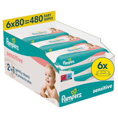 Lingettes humides Pampers Sensitive, 6 paquets de 80 lingettes = 480 lingettes, non parfumées, pour un nettoyage doux et doux