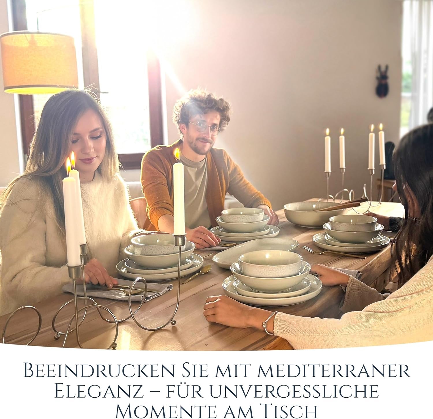 Service de vaisselle 48 pièces en grès céramique pour 12 personnes, design Ibiza, GAGNANT DU TEST. Un magnifique ensemble de vaisselle méditerranéenne en grès céramique comprenant des bols et des assiettes. Service de table Pure Living, beige.