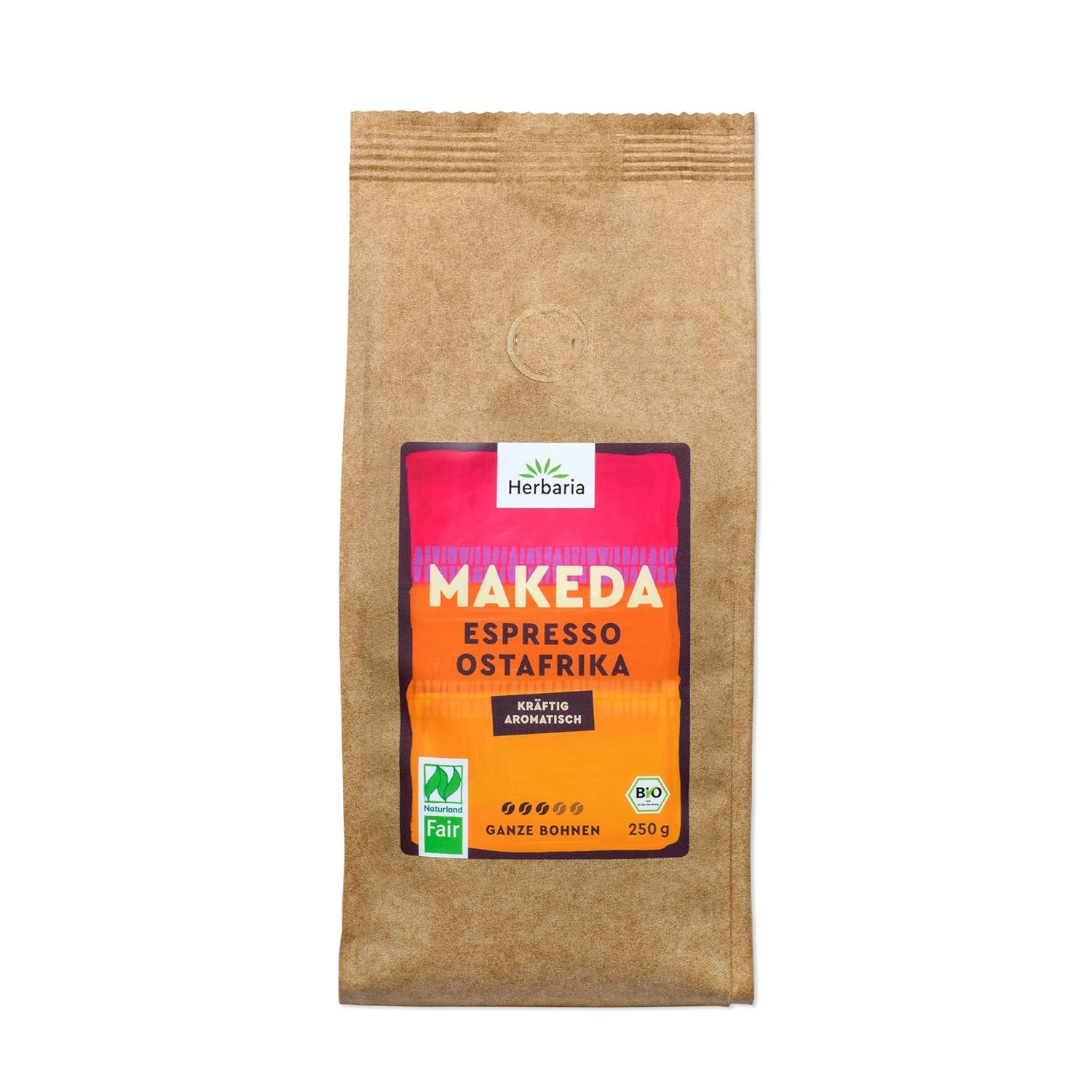 Herbaria MAKEDA Espresso En Grains Bio 1Kg - Certifié Naturland Fair d'Afrique de l'Est - Arômes torréfiés avec cacao et notes de chêne - Grains de café biologiques parfaits pour les filtres portables et les machines à café automatiques Naty Shop Coffee Makeda Whole Beans 250 grammes Espresso