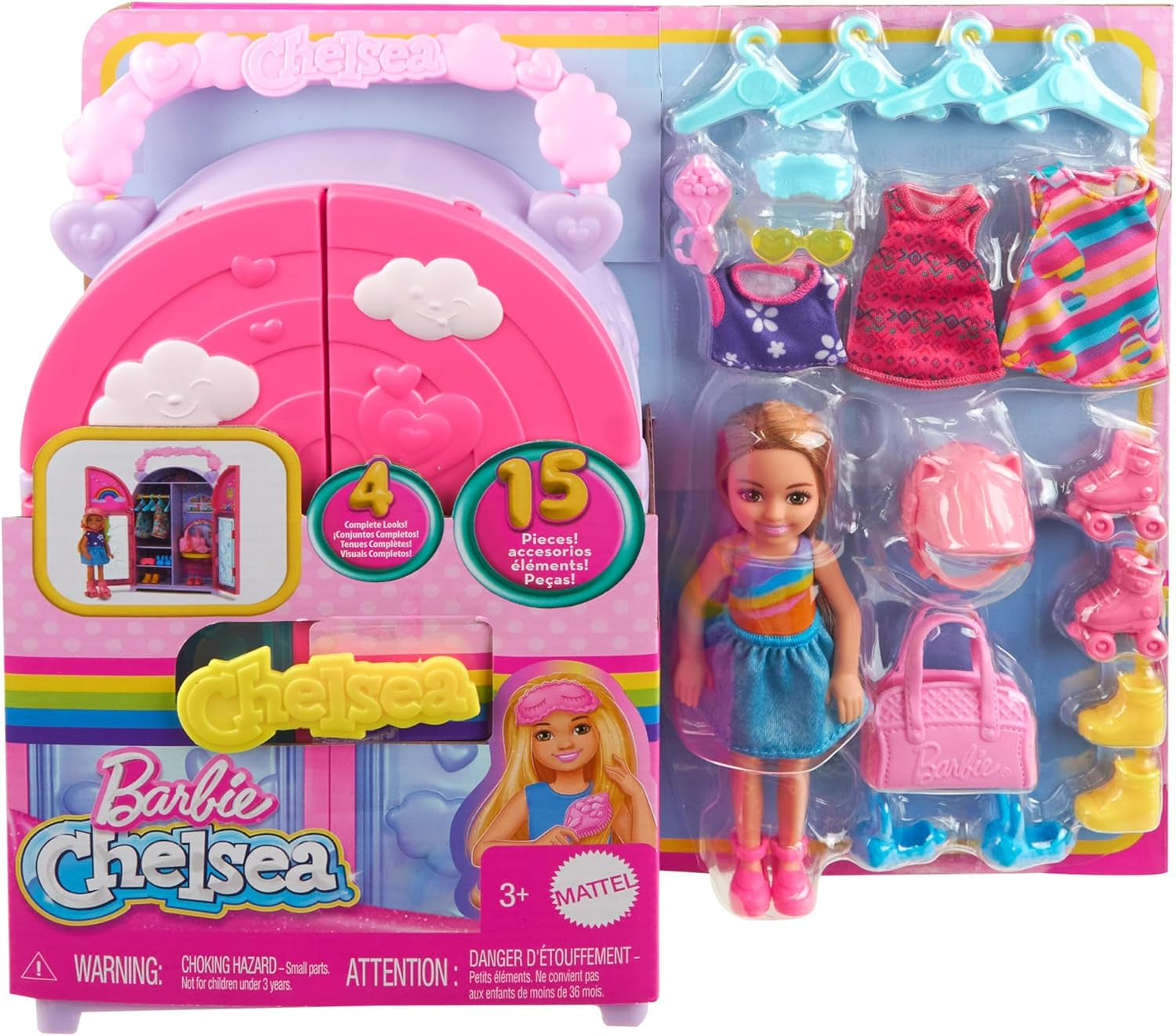 Barbie Chelsea Poupée et armoire de jeu avec vêtements et accessoires, ensemble de 17 pièces, pliable pour le jeu de voyage et le rangement, HXN03 Naty Shop Dolls