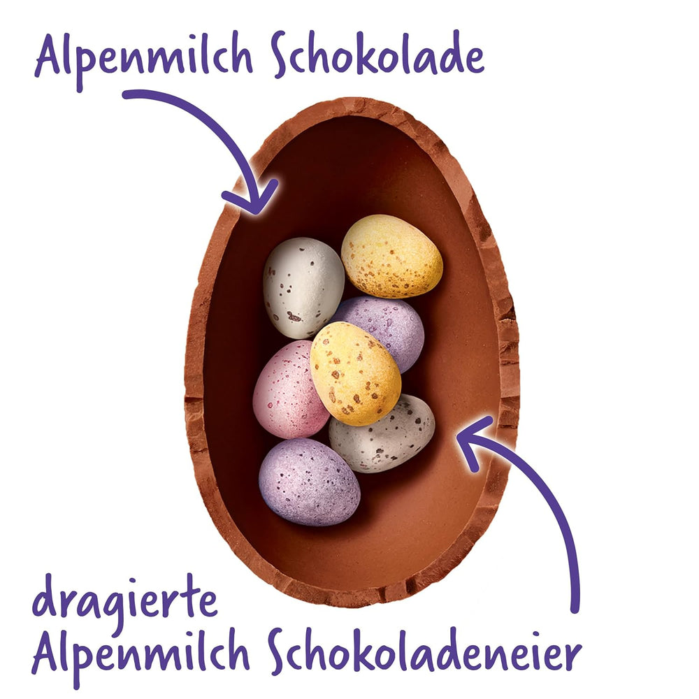 Milkshake Me Egg – œuf en chocolat fourré de mini œufs colorés en chocolat au lait alpin – 97g