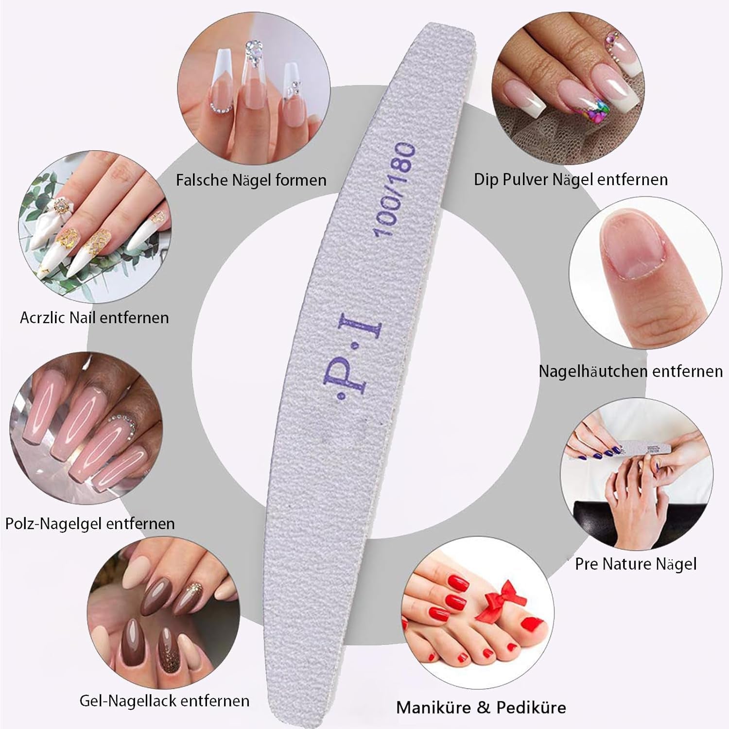 Ensemble de limes à ongles 3 pièces, limes à ongles pour ongles en gel, accessoires pour ongles en gel résistants à l'usure et lavables, lime à ongles professionnelle 100/180 avec 3 formes, blanc