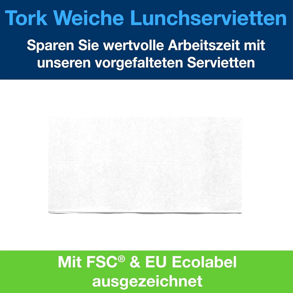 Serviette de table Tork Soft blanche, pli 1/8, 3 épaisseurs, 33 cm × 33 cm, 150 serviettes, 477416