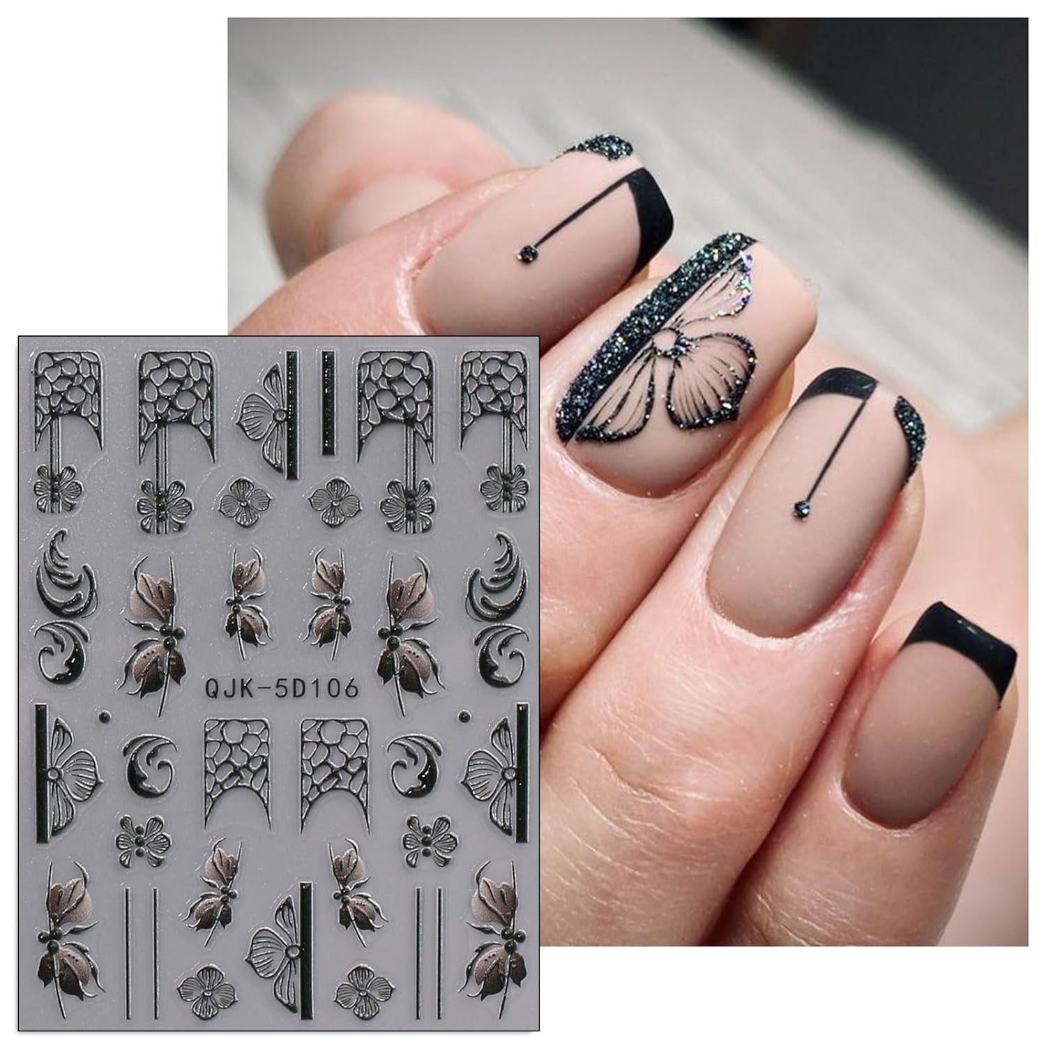 JMEOWIO Autocollants pour ongles 3D Noir Blanc Fleurs Nail Art Autocollants Autocollants pour ongles 5D Stéréoscopiques Fleurs Décoration Nageldesign Zubehör 4 Blatt