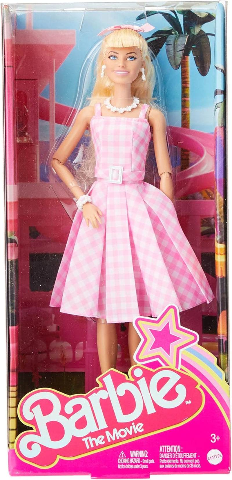 Poupée Barbie la poupée du film en robe rose et blanche et collier marguerite Margot Robbie jouet de collection pour 3 ans HPJ96