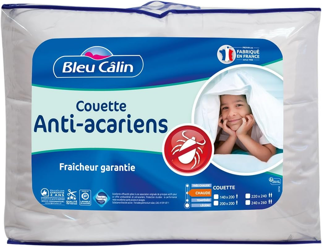 Couette anti-acariens Bleu Calin 140X200 Cm, Pour lit simple, Housse en microfibre douce, Traitement Sanitized Couettes et couettes Naty Shop
