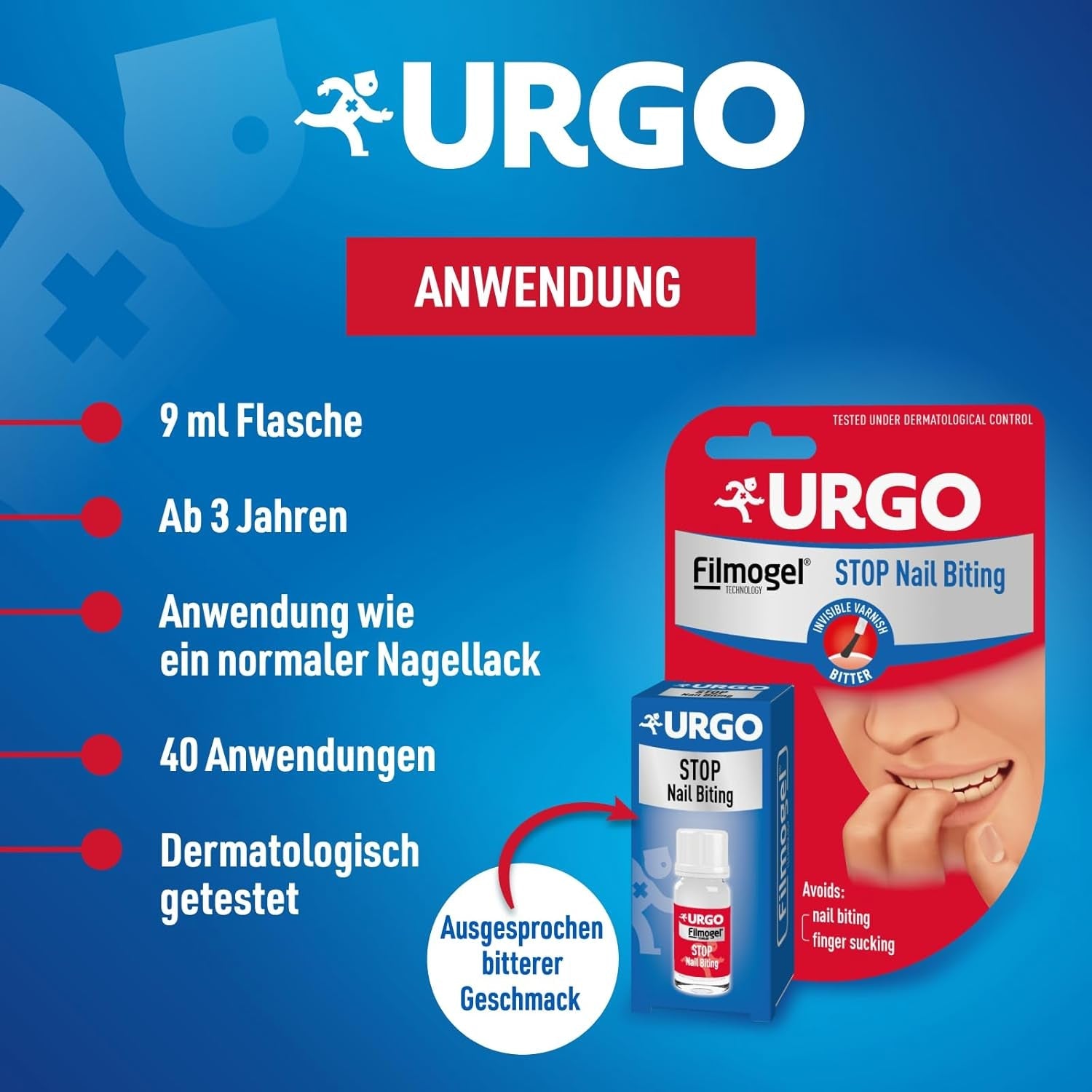 Urgo - Stop Roscatul Unghiilor - ojă transparentă și cu gust amar - pentru unghii roase și deteriorate și pentru suptul degetului mare - de la 3 ani - 9 ml - 40 de aplicări