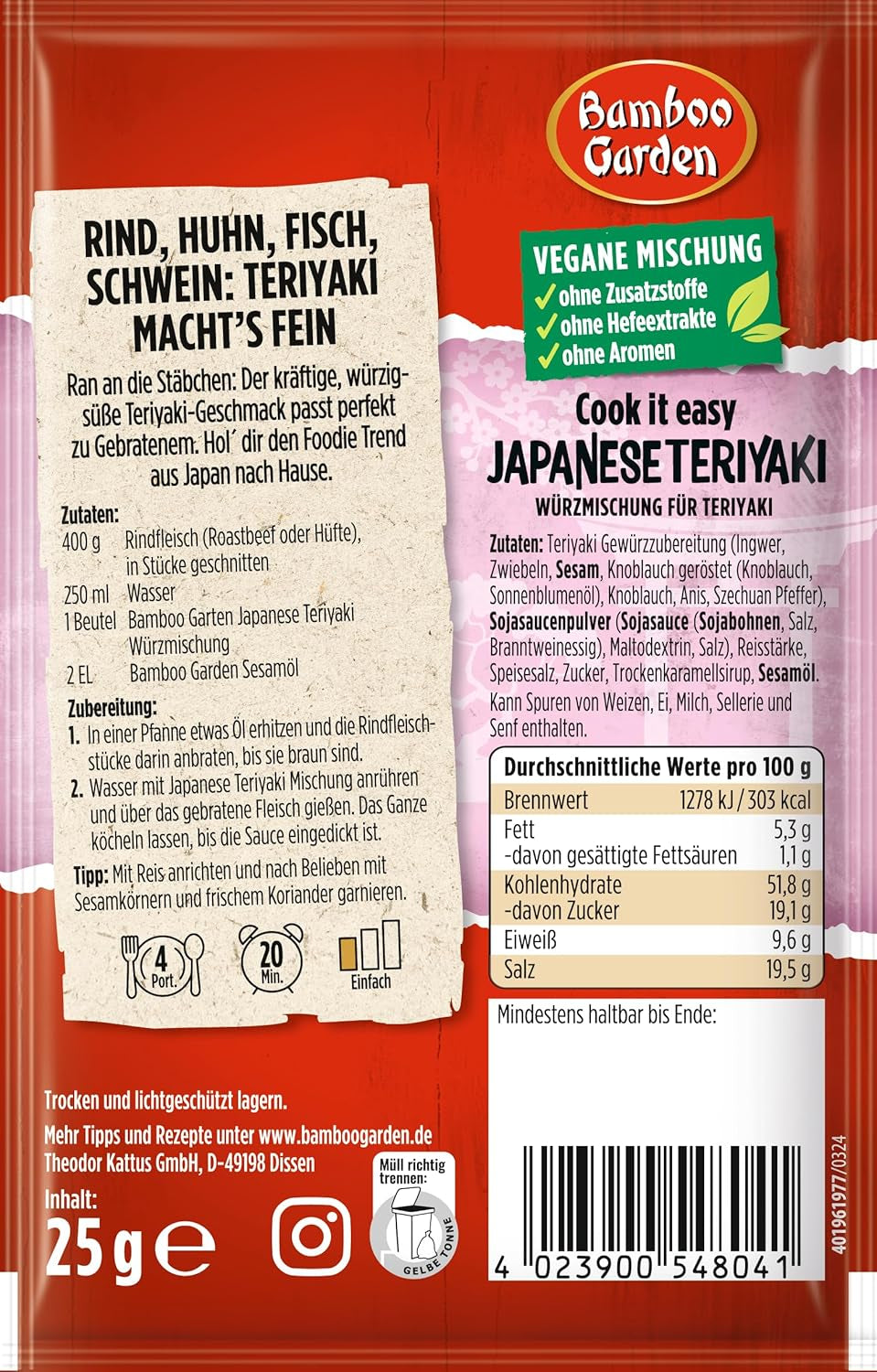 Bamboo Garden - Mélange d'assaisonnements Teriyaki, Gewürzmischung für Teriyaki, Pour 4 Portions, Sans Geschmackverstärker und Konservierungsstoffe, 1 x 25 g (Verpackungsdesign kann abweichen)