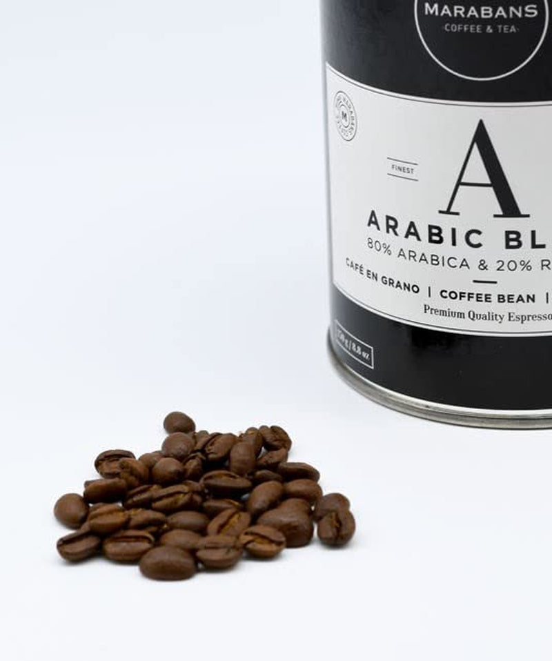 Boabe de cafea Marabans Arabic Blend, cutie de 250 de grame, 80% Arabica, 20% Robusta, 100% prăjire naturală.