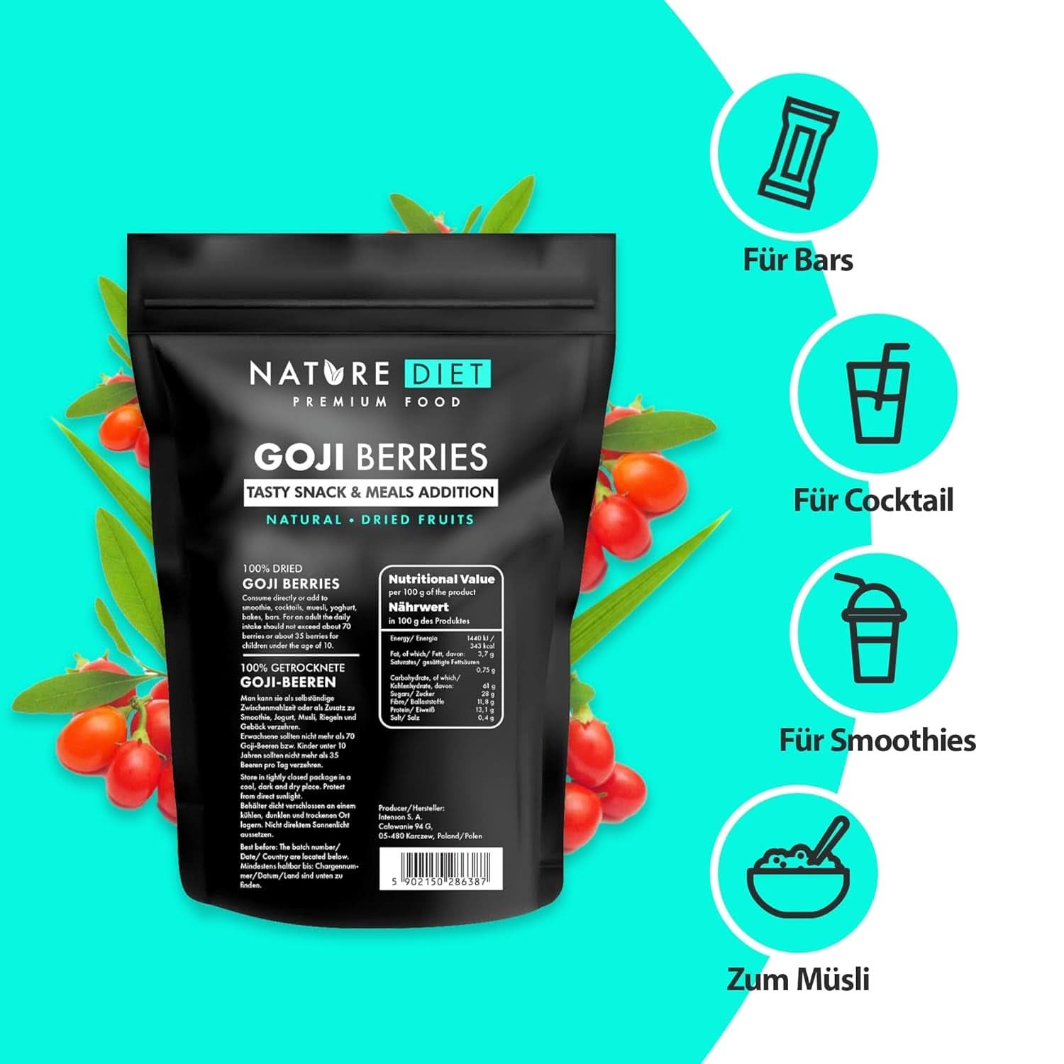 Nature Diet - Baies de Goji 1000 G | Baies séchées Produits déshydratés Naty Shop