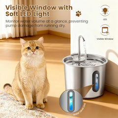Katzenbrunnen Edelstahl 2.2L, Rever Ultraleiser Trinkbrunnen für Katzen mit Wasserstandsfenster, 3-Stufiges Filtersystem, Wasserspender für Katzen, Hunde & Kleintiere, Edelstahl Katzenbrunnen