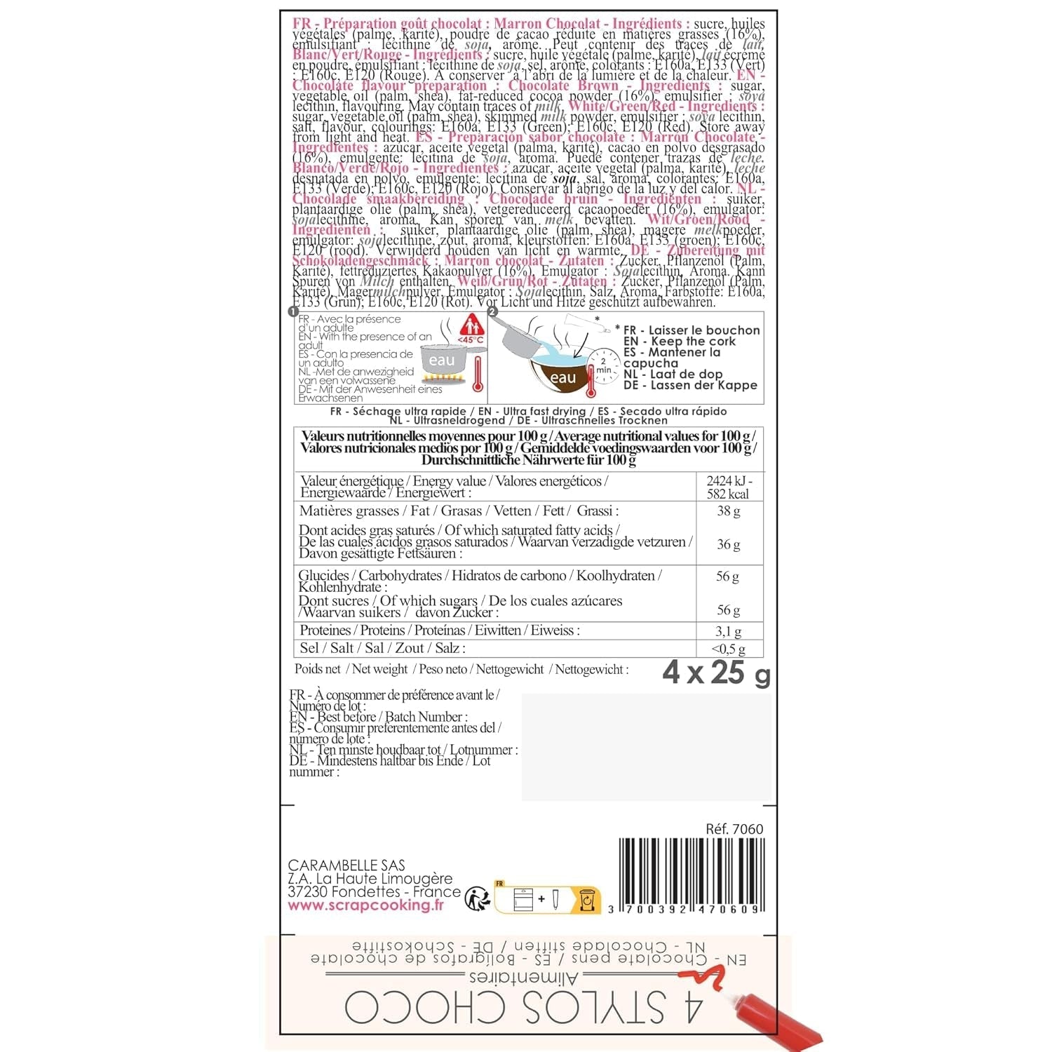 Scrapcooking - Lot de 4 Crayons de Couleur Chocolat de Noël - Marron, Blanc, Vert et Rouge - Colorants Comestibles - Colorant Alimentaire pour Écrire - Écrire et Dessiner sur Desserts, Gâteaux et Biscuits - 7060