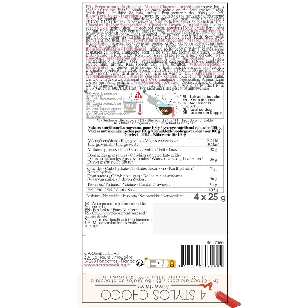 Scrapcooking - Lot de 4 Crayons de Couleur Chocolat de Noël - Marron, Blanc, Vert et Rouge - Colorants Comestibles - Colorant Alimentaire pour Écrire - Écrire et Dessiner sur Desserts, Gâteaux et Biscuits - 7060