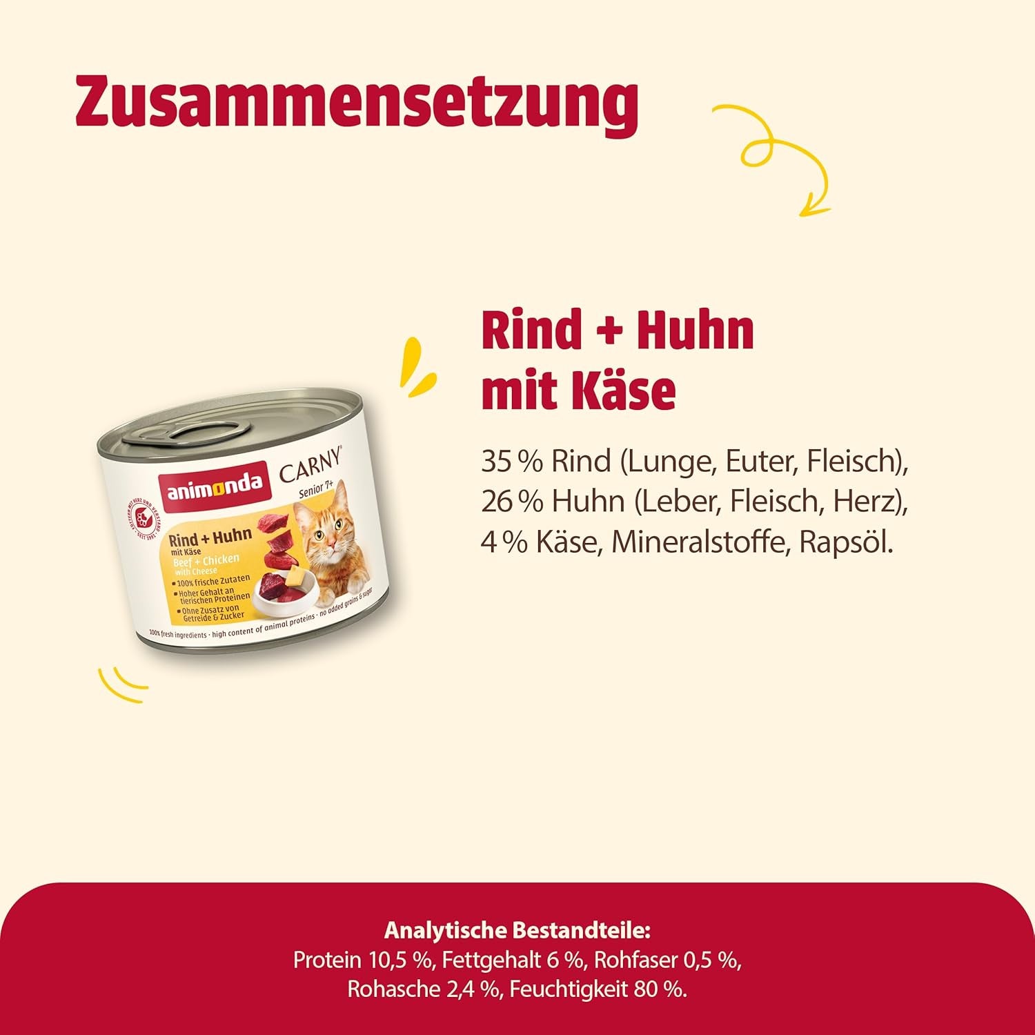 Animonda Carny Senior Hrană umedă pentru pisici cu vită + pui + brânză (6 x 200g), hrană umedă fără cereale și fără zahăr pentru pisici de 7 ani și peste, cu ingrediente proaspete și cărnoase