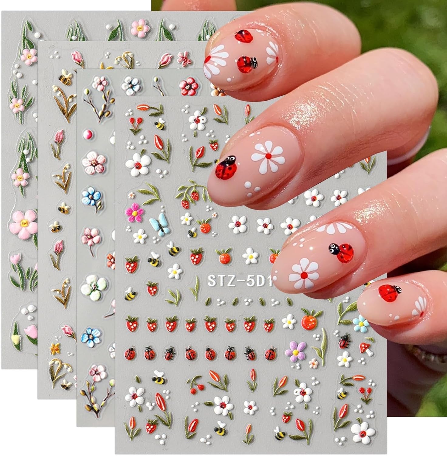 JMEOWIO Autocollant 3D pour ongles, fleurs, fruits, Nail Art, autocollant auto-adhésif, autocollants stéréoscopiques 5D, décoration, conception de ongles, 4 couleurs