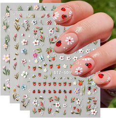 JMEOWIO Autocollant 3D pour ongles, fleurs, fruits, Nail Art, autocollant auto-adhésif, autocollants stéréoscopiques 5D, décoration, conception de ongles, 4 couleurs