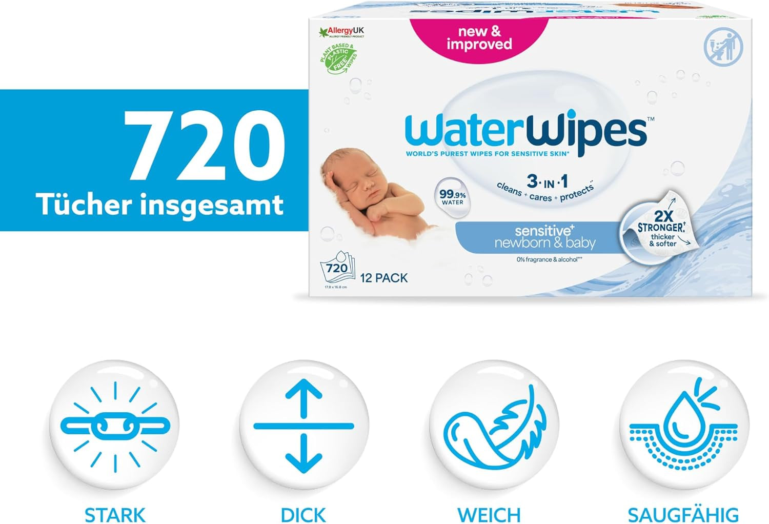 Lingettes humides WaterWipes Sensitive+ pour nouveau-nés et bébés, 720 unités (paquet de 12), nettoyage 3 en 1, entretien, protection, 99,9 % d'eau, sans parfum