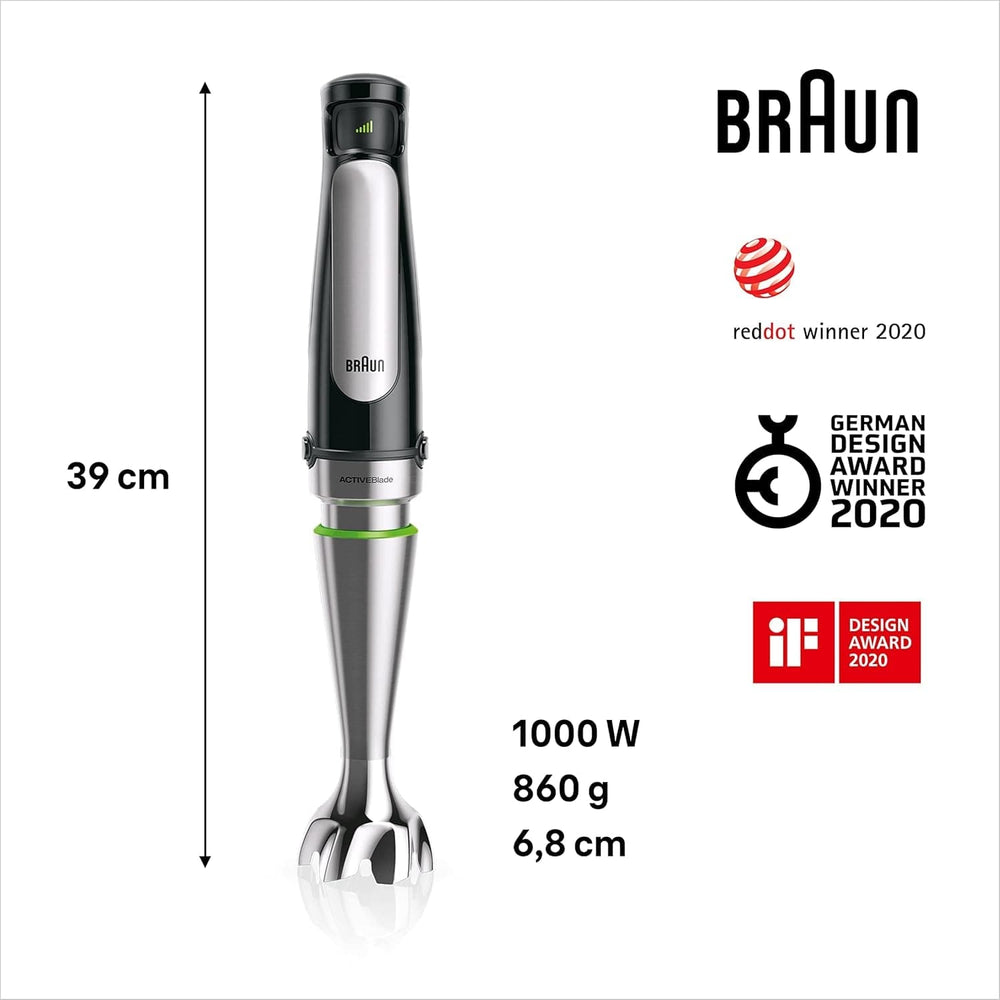 Braun Multiquick 7 MQ 7035X Stabmixer - Pürierstab Mit Abnehmbarem Edelstahl Mixfuß Mit Activeblade Technologie Zum Pürieren Der Härtesten Ingredient, Inkl. Ensemble de 3 pièces, 1000 watts, Schwarz Kitchen Naty Shop