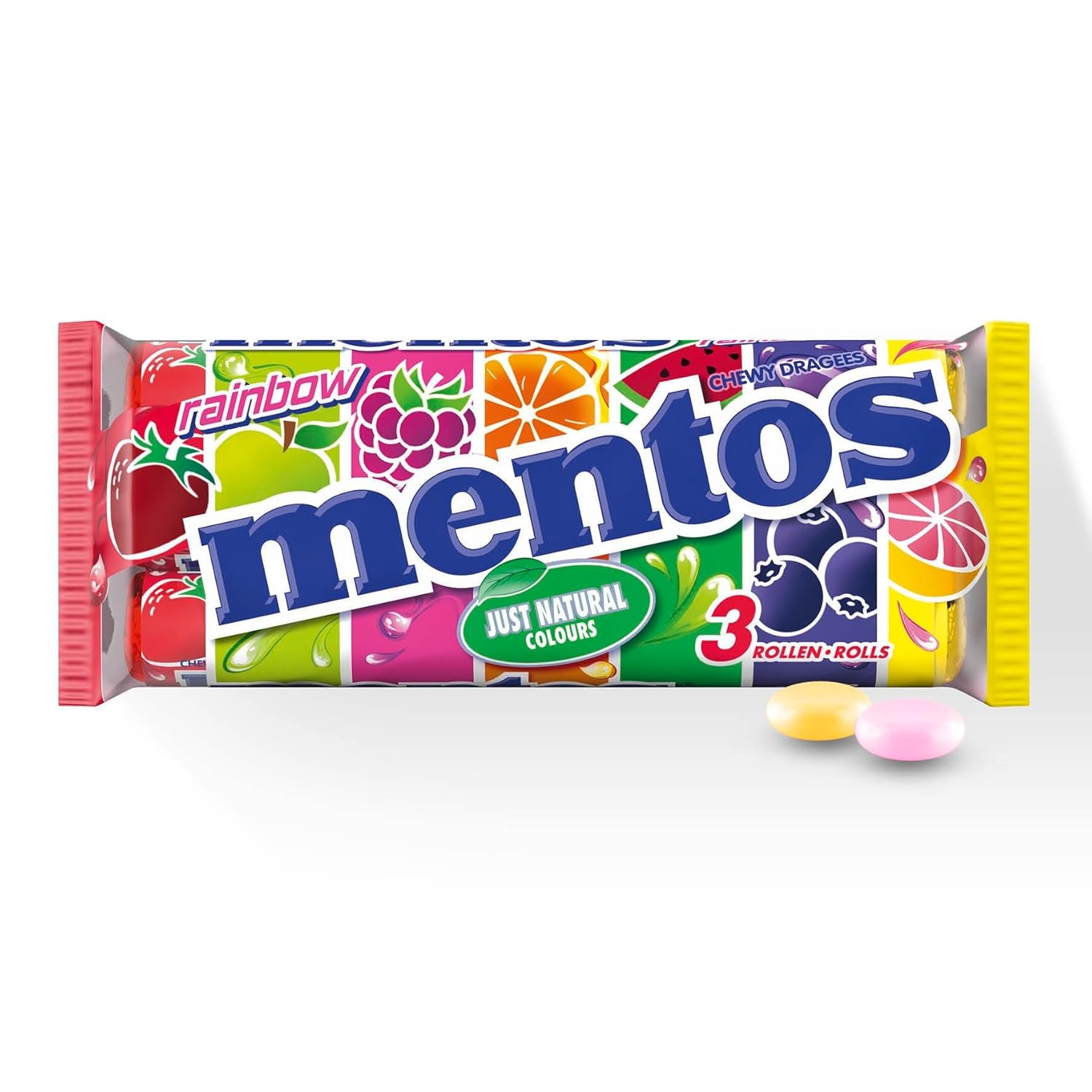 Mentos Fruit Dragees Orange Citron Fraise Bonbons à saveur de fruits à mâcher (3 rouleaux), végétalien (paquet de 3)
