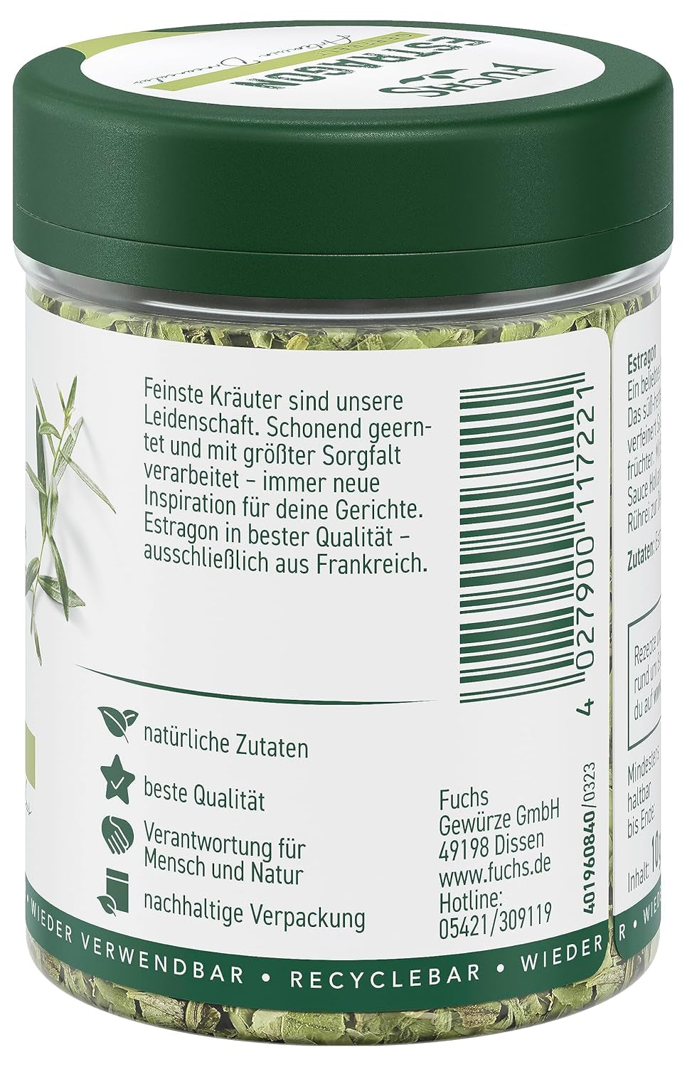 Fuchs Gewürze - Estragon gerebelt - Französisches Kraut zur Verfeinerung von Saladen, Sauce Hollandaise ou Rührei - ingrédients naturels - 10 g dans une dose variable, recyclable